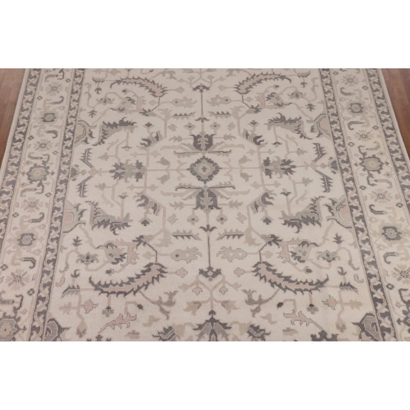 All-Over Ivory Floral Oushak Indian Area Rug Handmade Wool Carpet - 9'2"x 12'1"