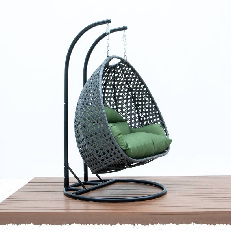 LeisureMod 2-Person Hanging Egg Swing Chair with Metal Stand - Handcrafted Charcoal Wicker, Patio Hammock Lounger with Cushions