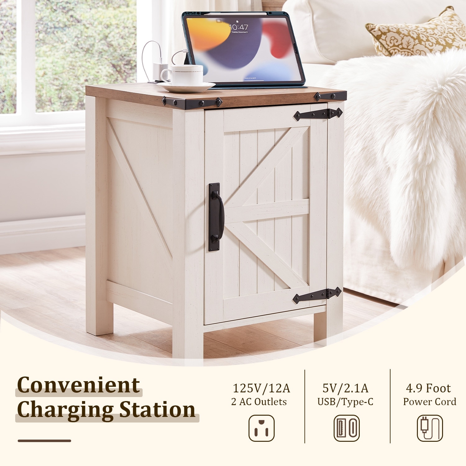 Farmhouse Wood End Table with Charging Station, Nightstand, Side