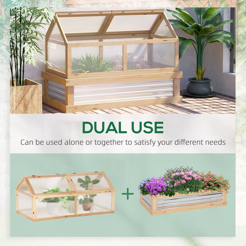 Raised Garden Bed with Polycarbonate Greenhouse, Wooden Garden Cold Frame Greenhouse, Flower Planter Protection, Natural