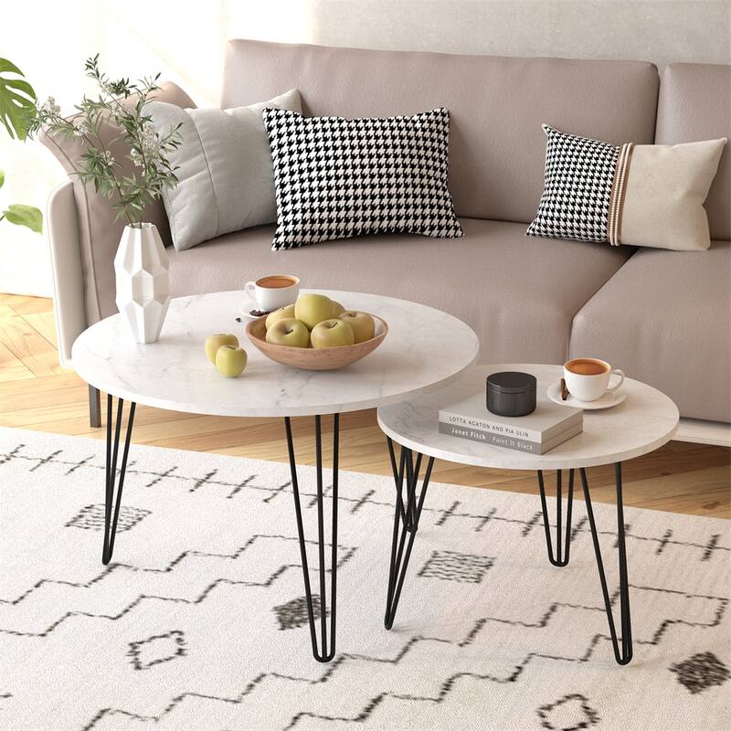 27.56" Round Nesting Coffee Table with Metal Base (Set of 2) - White