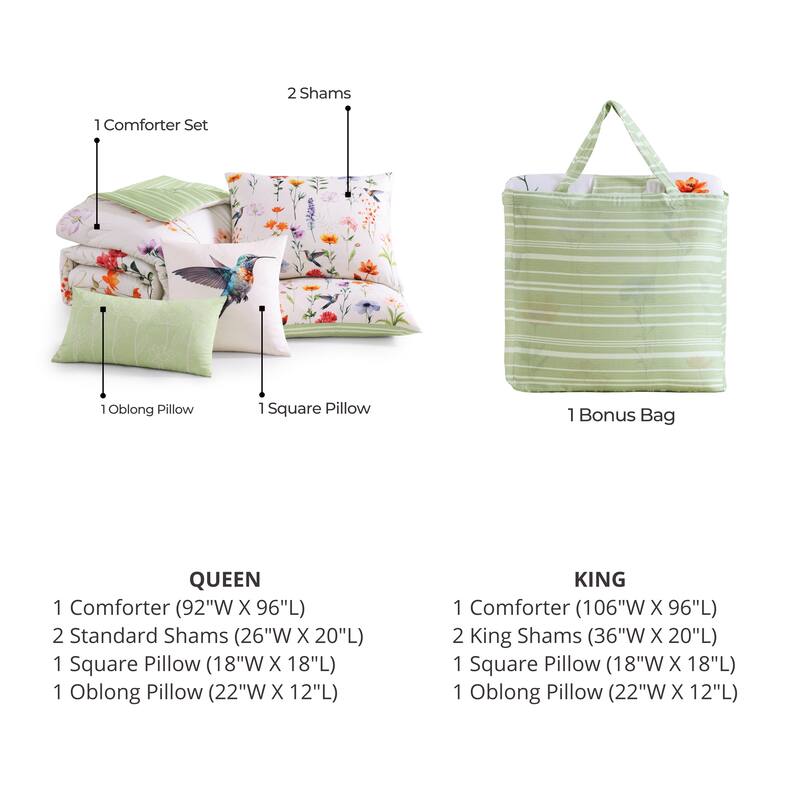 Bebejan Fresh Cut Flowers 200 Thread Count 100% Cotton Sateen 5 Piece Reversible Comforter Set