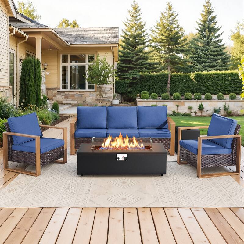 Meyreso Wicker Patio Conversation Set with Metal Fire Pit Table & 4.5-Inch Olefin Cushions
