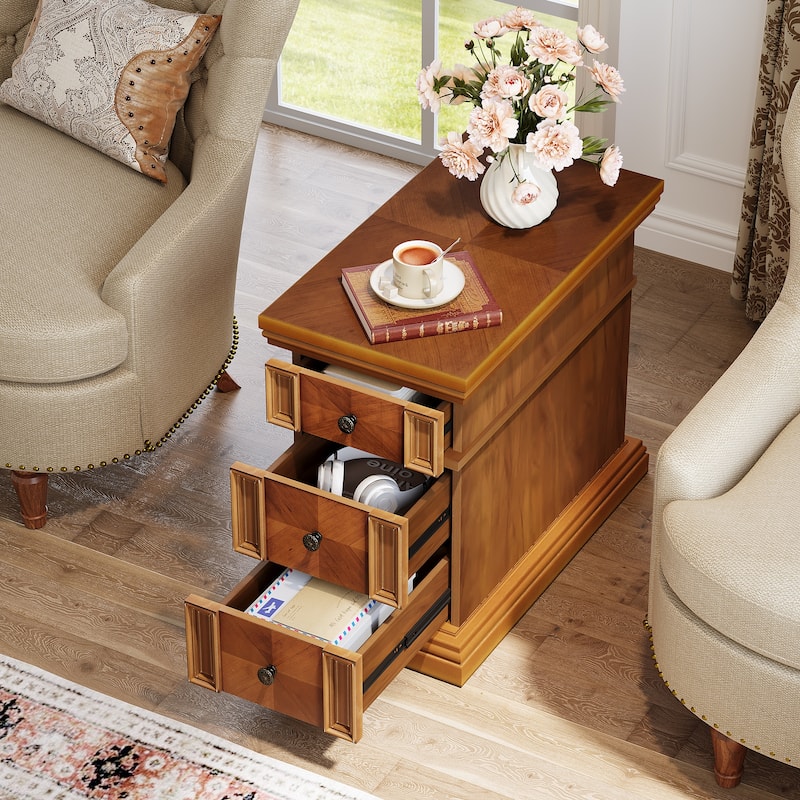 Slim End Side Table Wood Nightstand with 3 Drawers for Living Room