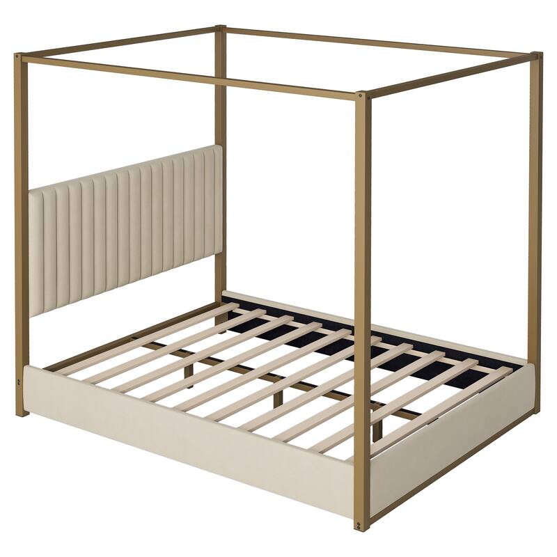 Queen Size Upholstered Canopy Bed, Metal Four Poster Platform Bed Frame with Vertical Striped Headboard, Wooden Slat Support
