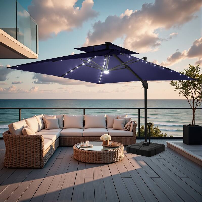 11 FT Outdoor LED Double Top Patio Cantilever Umbrella with Base Stand