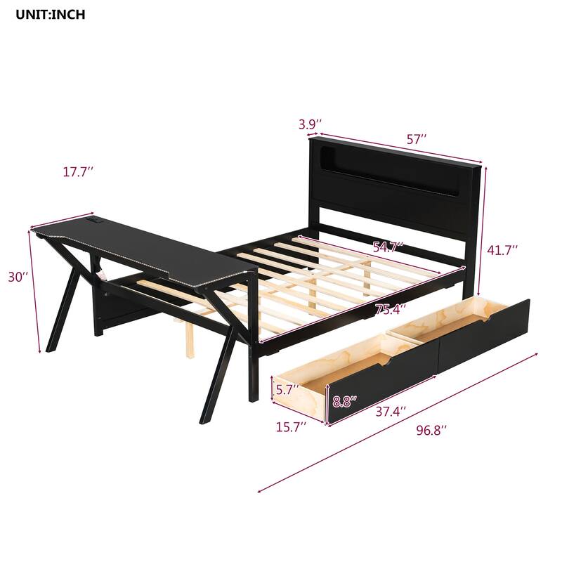 Wooden Gaming Platform Bed with LED Headboard, LED Desk, USB and 2 Storage Drawers, Black Bed Frame
