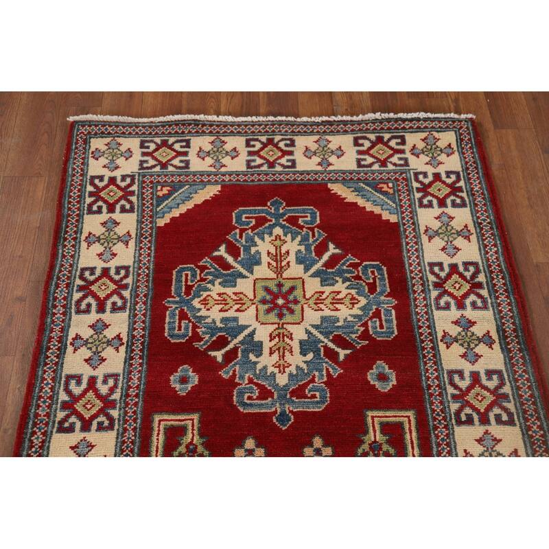 Red Geometric Kazak Runner Rug Handmade Oriental Wool Carpet - 2'9" x 10'1"
