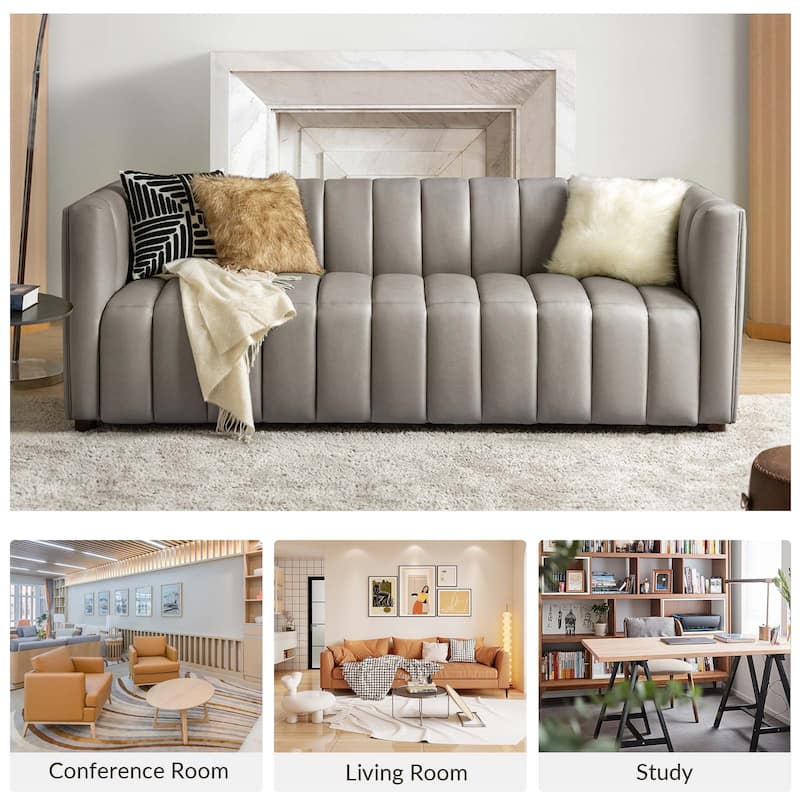 Olinto Modern 83-Inch Genuine Leather Curved Couch Sofa with Channel Back by HULALA HOME