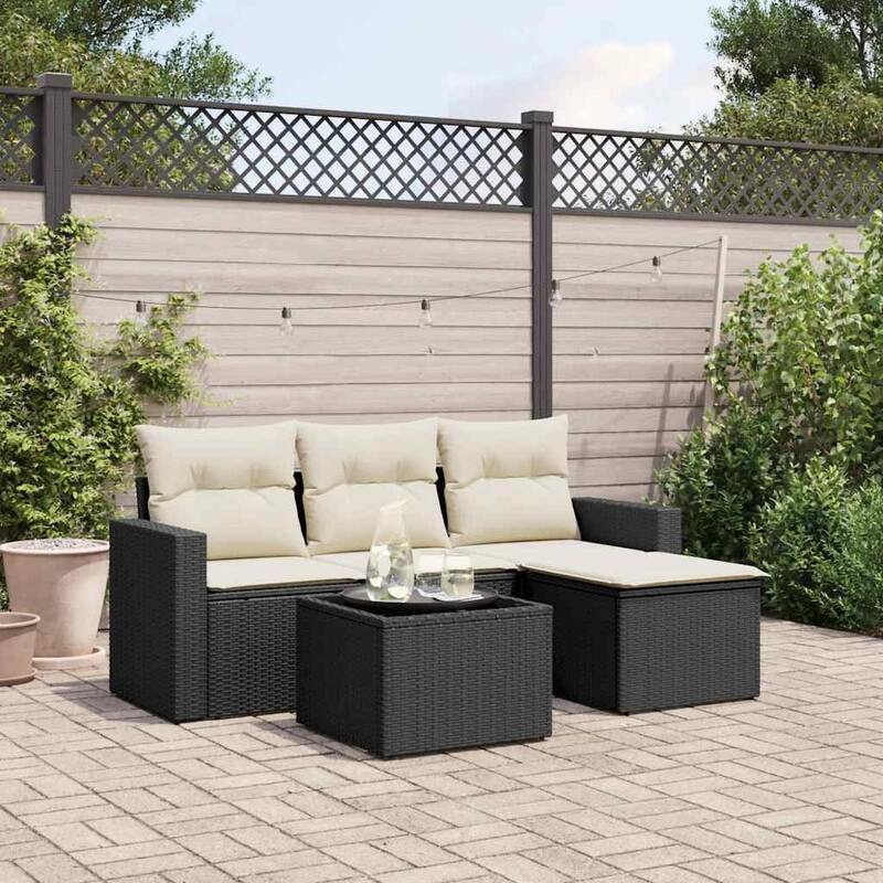vidaXL Garden Sofa Set 5 Piece with Cushions Outdoor Sofa Couch Poly Rattan - Black and Cream With table - 73.2 x 33.5 x 27.2 in (L x D x H)