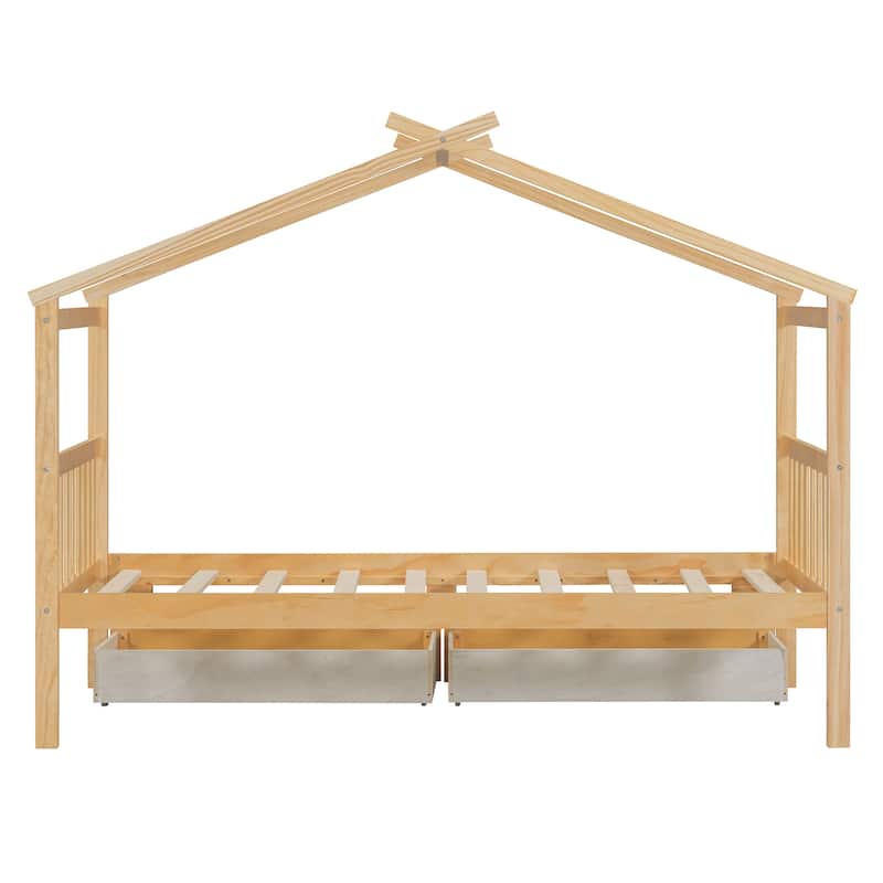 Twin Size Wooden House Bed with Drawers, 79.5"L x 41.5"W x 63.1"H, Natural