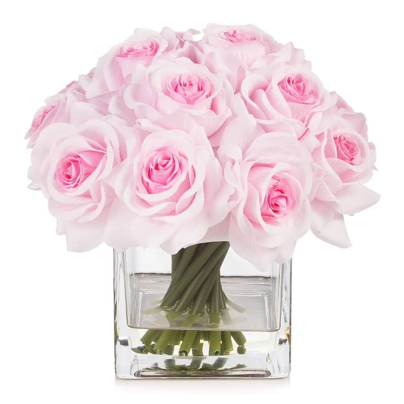 Enova Home Artificial Silk Rose Flowers in Cube Glass Vase with Faux Water for Home Office Decoration - N/A