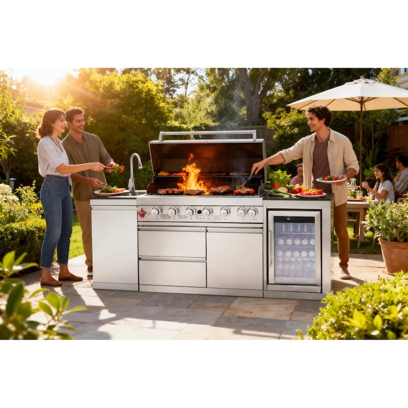 GDFStudio Kryvannon Stainless Steel Outdoor Kitchen Island Grill with 6 Burners and Compact Refrigerator