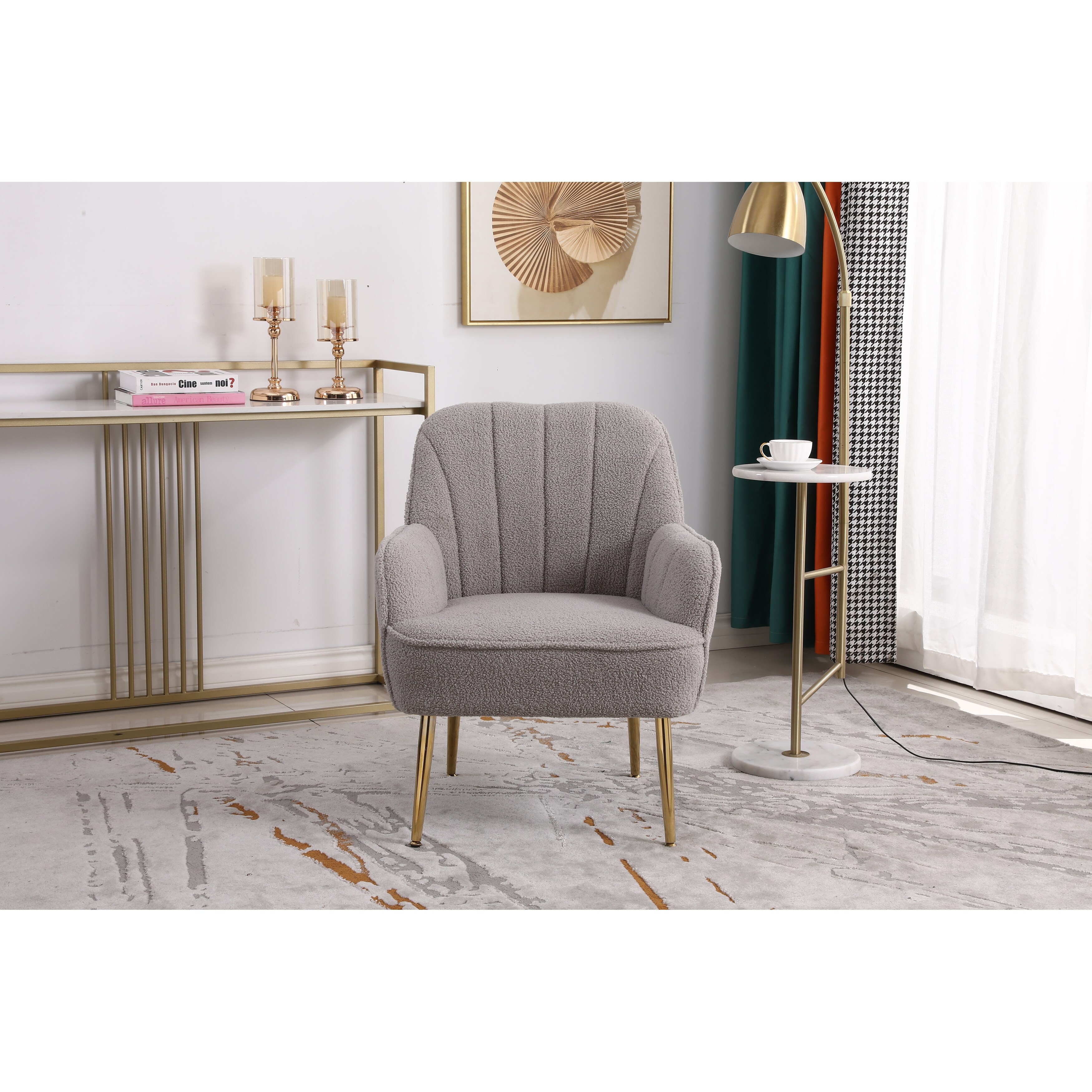 Ergonomics Shell Lounge Chair Grey Teddy Accent Chair w/ Metal