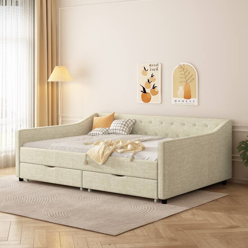 Full Size Upholstered Tufted Daybed with 2 Drawers and Button on Back