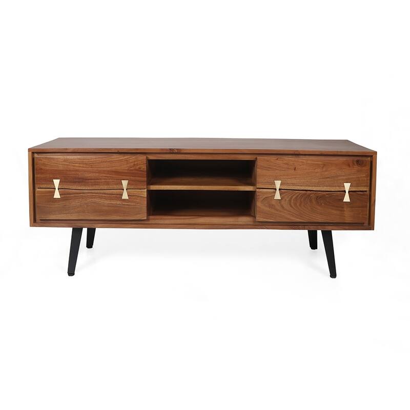 Natural Wood+Brown 57.9" TV Stand with Two Closed Cabinets and Open Shelves for Living Room