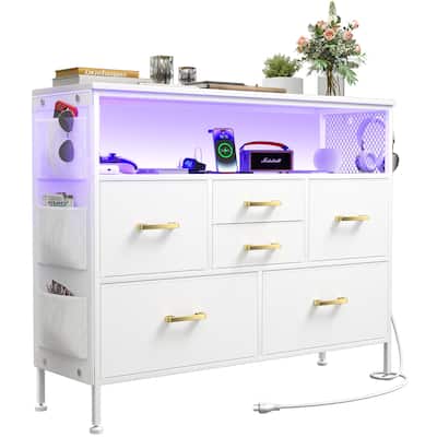 Dresser for Bedroom TV Stand with Power Outlets and LED Light, 6 Dresser with Shelves for 45" TV, PU Finish