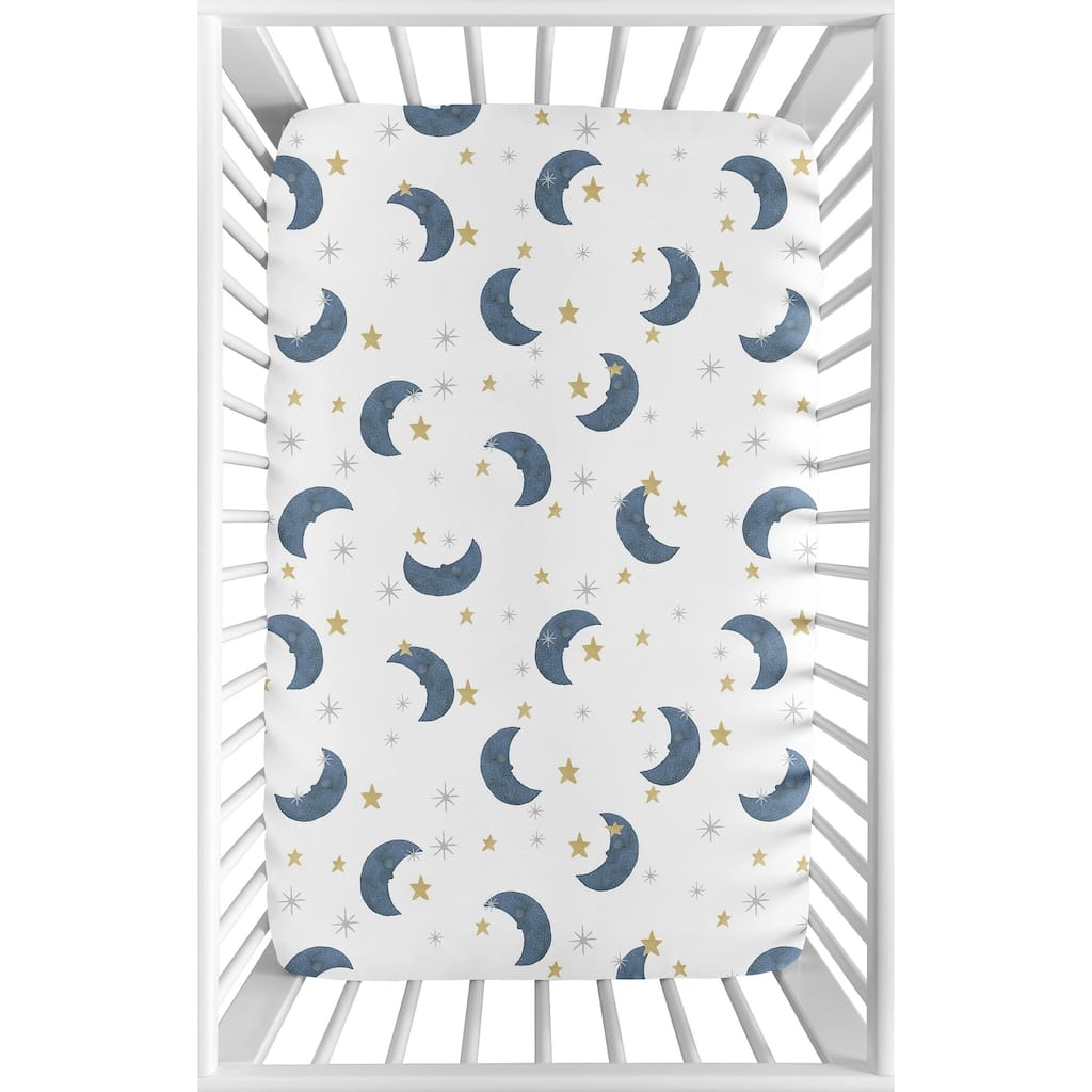 Moon and Star Baby Boy or Girl Fitted Mini Portable Crib Sheet For Portable Crib - Navy Blue Gold Watercolor Celestial Sky