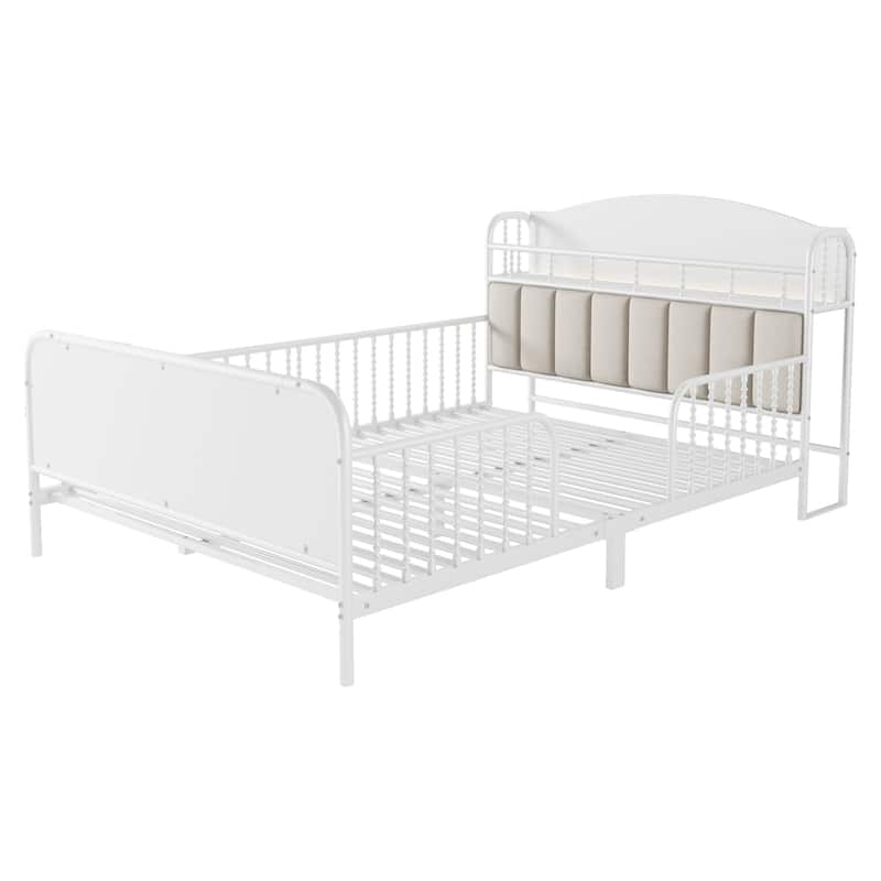 Kids Platform Bed Metal Frame with Linen Fabric Upholstered Storage Headboard Built-in Light Strip, Both Sides Rails