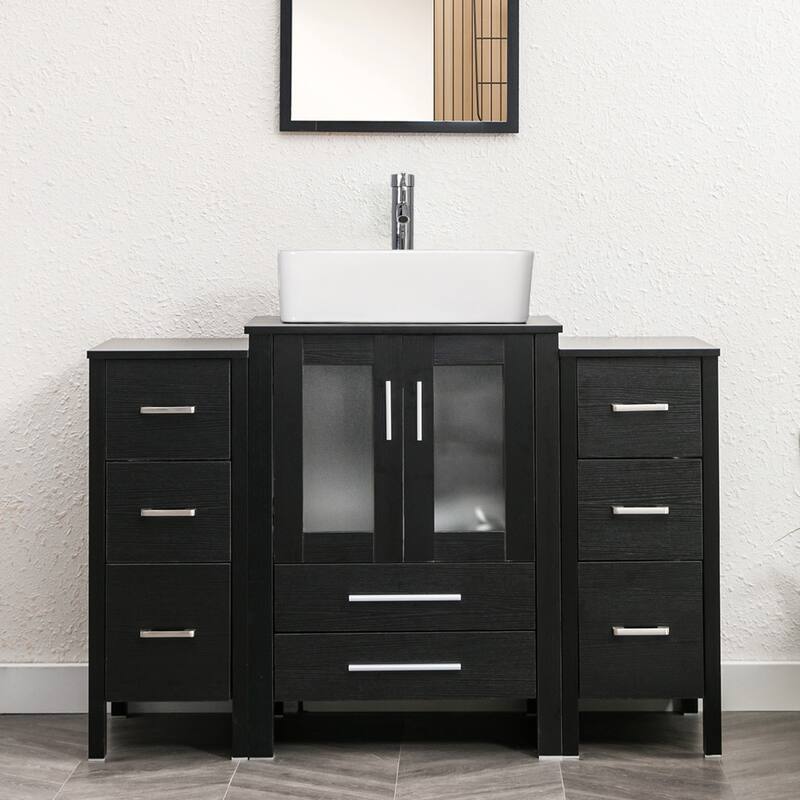 48" Bathroom Vanity Set Vessel Sink Faucet W/ Small Cabinet Combo - white ceramic rectangular sink - Black