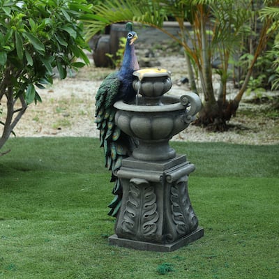 Resin Peacock and Tiered Urns Outdoor Fountain with LED Light - 36.2" H x 19.3" W x 12.6" D
