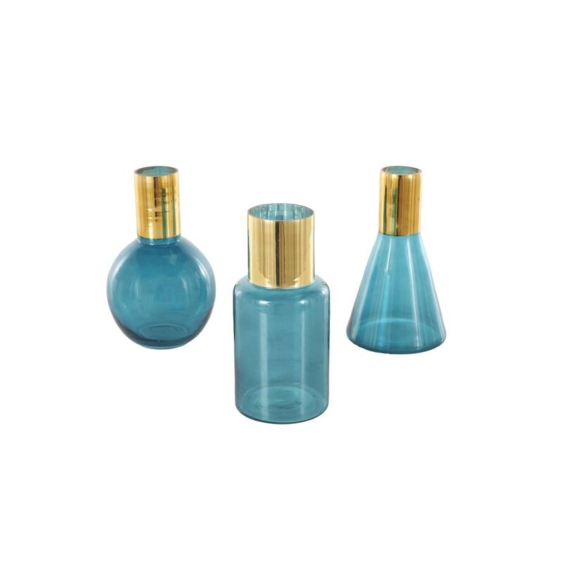 Blue or Gold Glass Tinted Geometric Decorative Vase with Gold Rim and Varying Shapes (Set of 3)