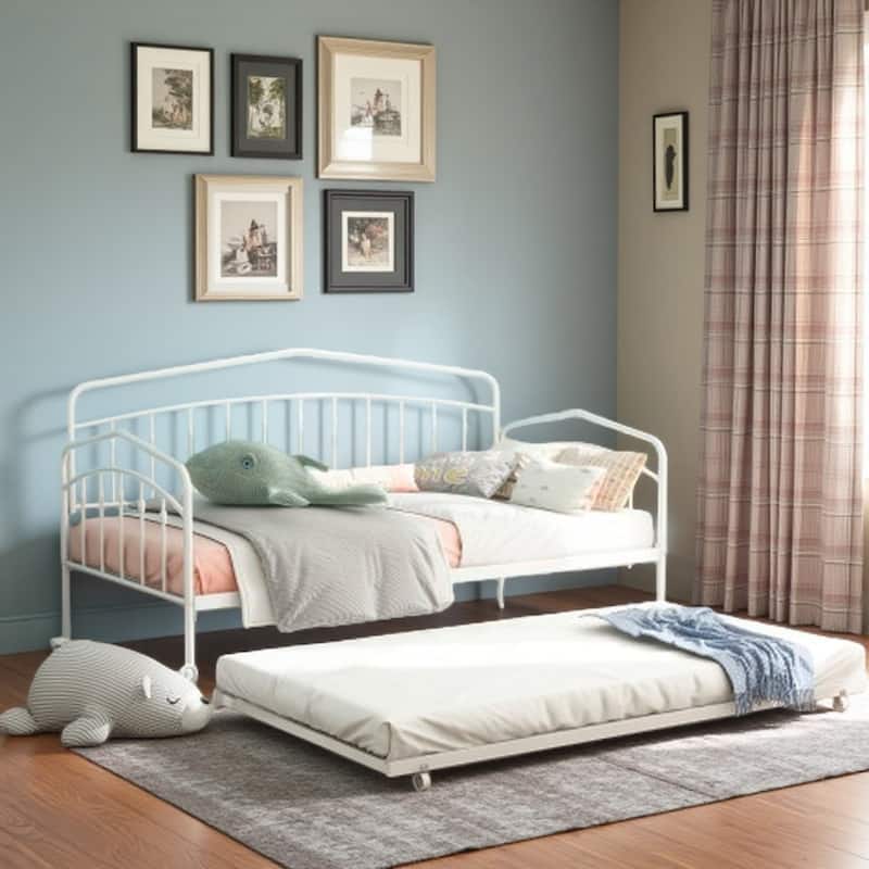 Twin Metal Daybed with Trundle and Easy-Glide Casters, White, No Box Spring Needed, Durable Slats Support, Anti-Noise Design - White