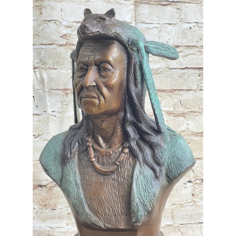Native American Indian In Wolf Headdress Bronze Bust Statue Sculpture 14 Inches X 8 Inches
