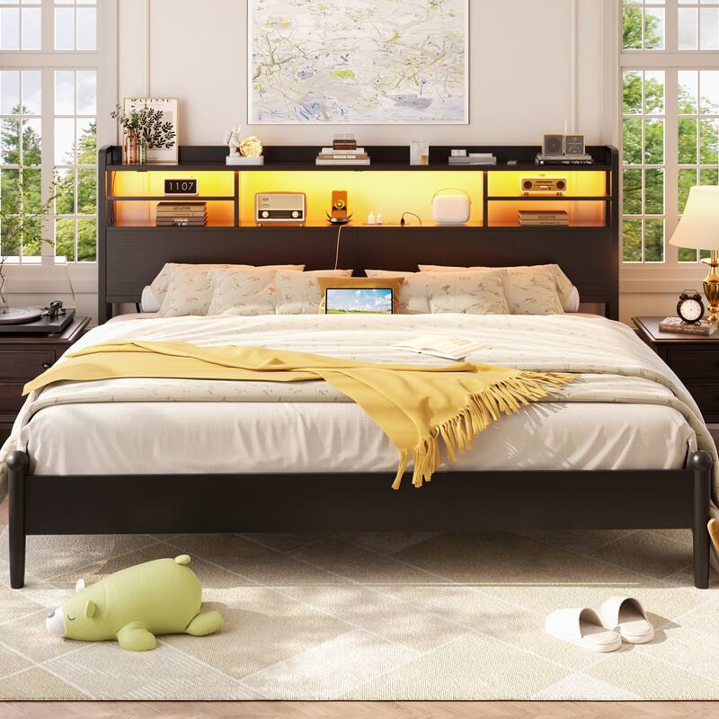 Storage Headboard with USB Port and Power Outlet, Head Board with LED Light for Bed Frame