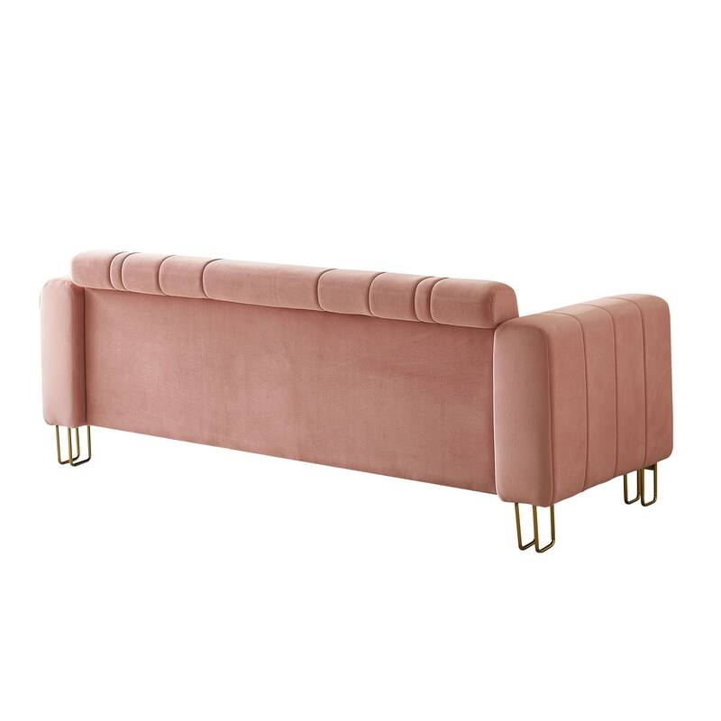 Modern Velvet Pink Sofa with Square Arm and Metal Trim, Deep Seat
