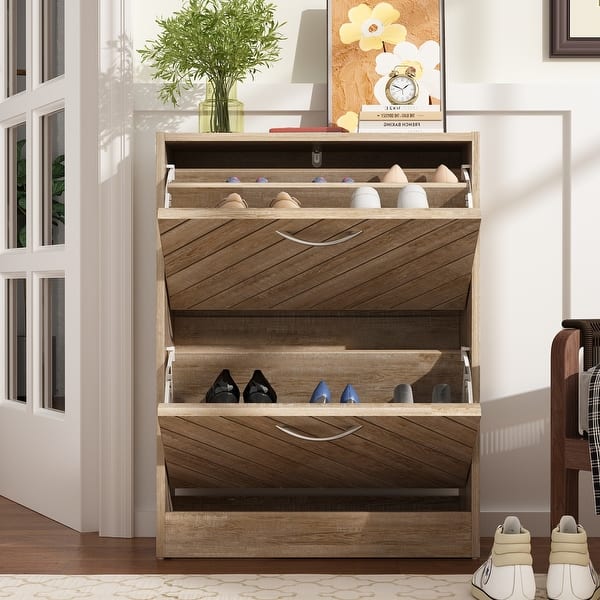 Timechee 8 Pair Shoe Storage Cabinet with 2 Drawers, Wood Color