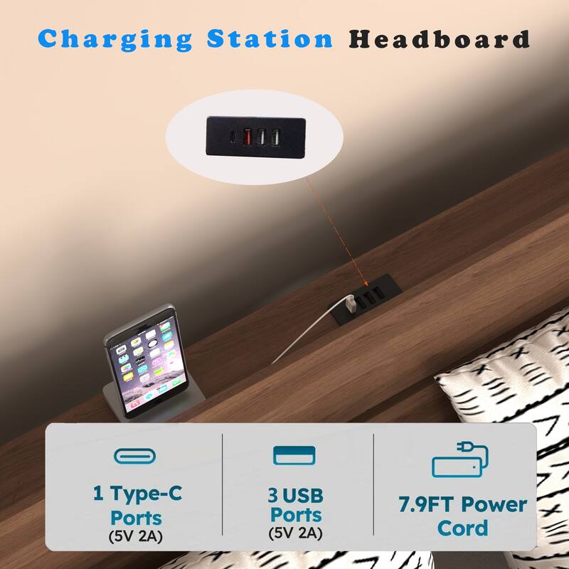 Floating Bed Frame Queen with Led Lights and Charging Station, Wood Queen Size Bed Frame with Storage Headboard