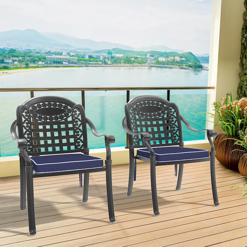 Black Stackable Cast Aluminum Patio Outdoor Dining Chairs With Blue Seat Cushions