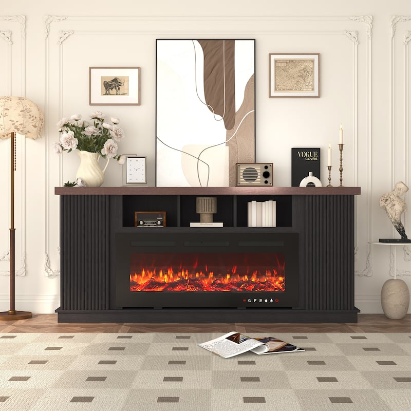 70" TV Stand for TVs up to 85" with Electric Fireplace, Vintage Double Door Cabinet, Dark Walnut, for Living Room & Bedroom - Black - Standard