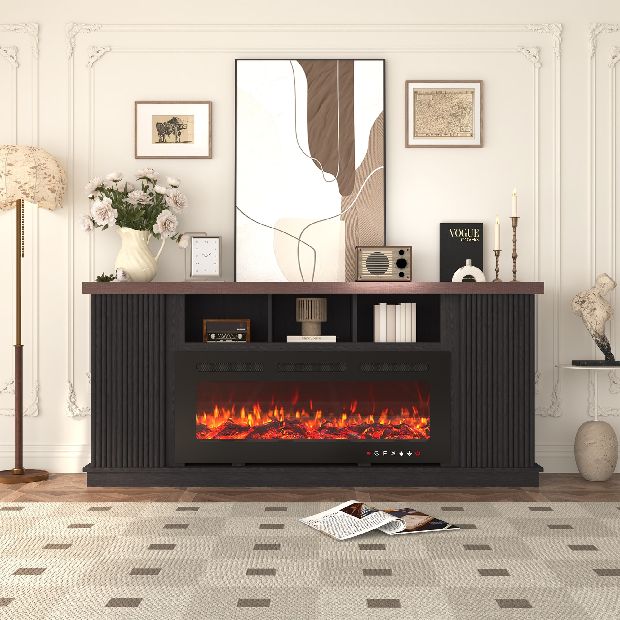 70" TV Stand for TVs up to 85" with Electric Fireplace, Vintage Double Door Cabinet, Dark Walnut, for Living Room & Bedroom