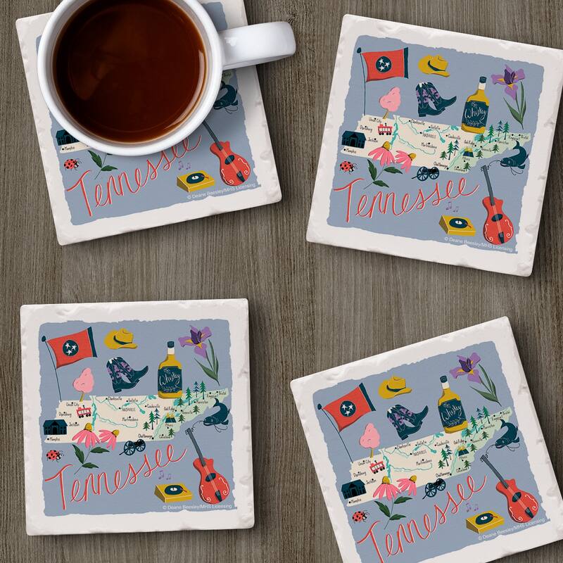 Tennessee Home 4-Pack Absorbent Stone Coasters with Protective Cork Backing 4" Square Made in The USA Easily Wipes Clean