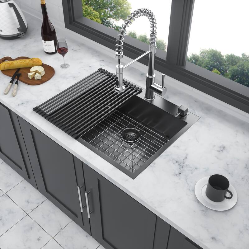 Drop in Kitchen Sink Gunmetal Black Topmount 16 Gauge Deep Single Bowl