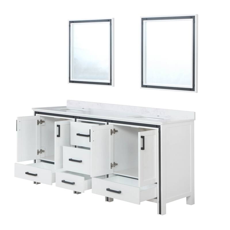 Ziva 72 in W x 22 in D White Double Bath Vanity, White Quartz Top and 30 in Mirrors