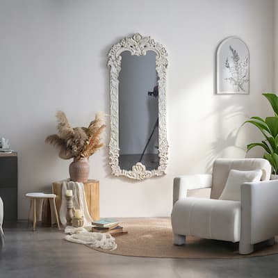 Rustic Floor Mirror with Ornate White Carved Border - Vintage-Inspired Decorative Elegance