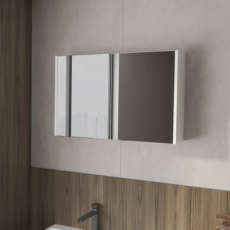 Wall-Mounted Medicine Cabinet with Two Mirrors and Three Shelves, Black Finish, Space-Saving Storage - 5.6X31.5 in - White + Particle Board
