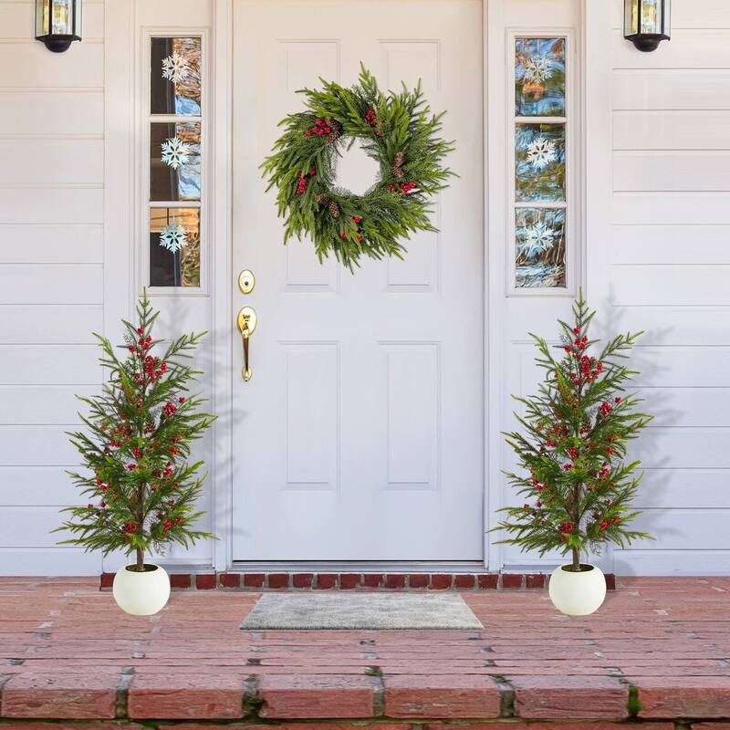 Glitzhome Christmas Greenery PE Dripping Pine Porch Tree with Pinecones and Red Berries