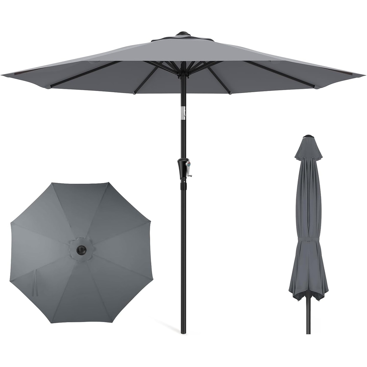 9ft Outdoor Patio Umbrella with UPF50+ UV Protection, Crank and Tilt, 8 Sturdy Ribs for Pool and Garden (Grey)