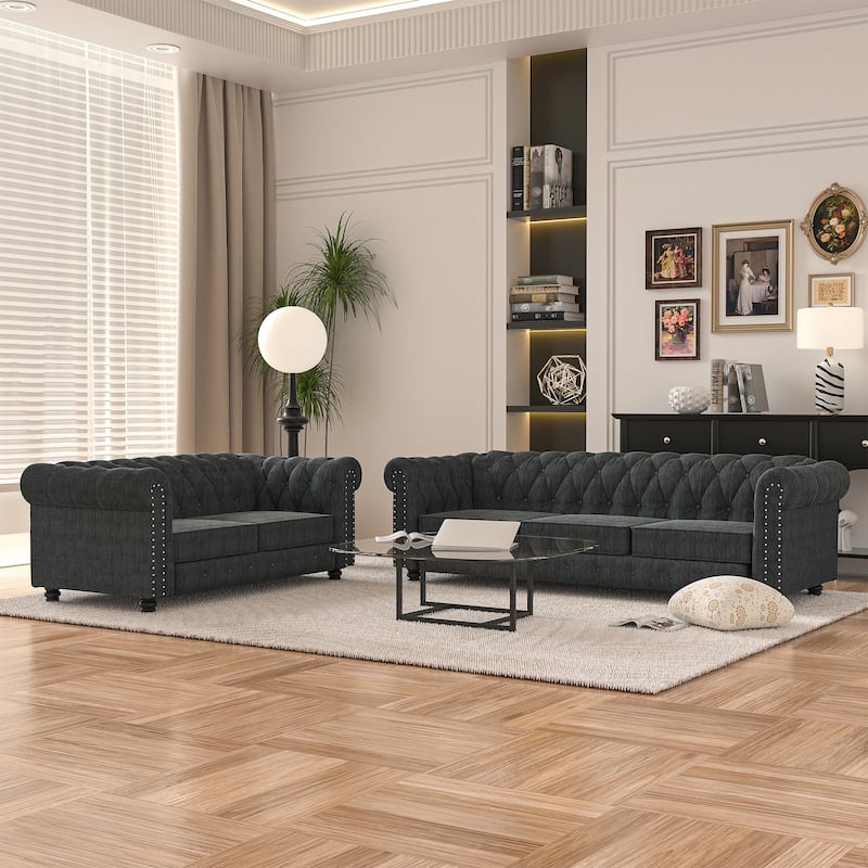 Morden Fort Tufted Upholstered Chesterfield set Loveseat, Sofa 2 PCS for Living Room, Fabric, Linen