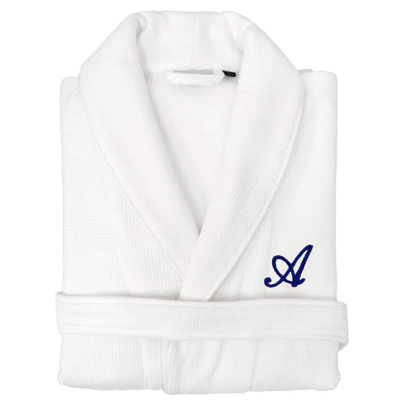 Authentic Hotel and Spa Unisex Navy Blue Monogrammed Turkish Cotton Waffle Weave Terry Bath Robe - A - S/M