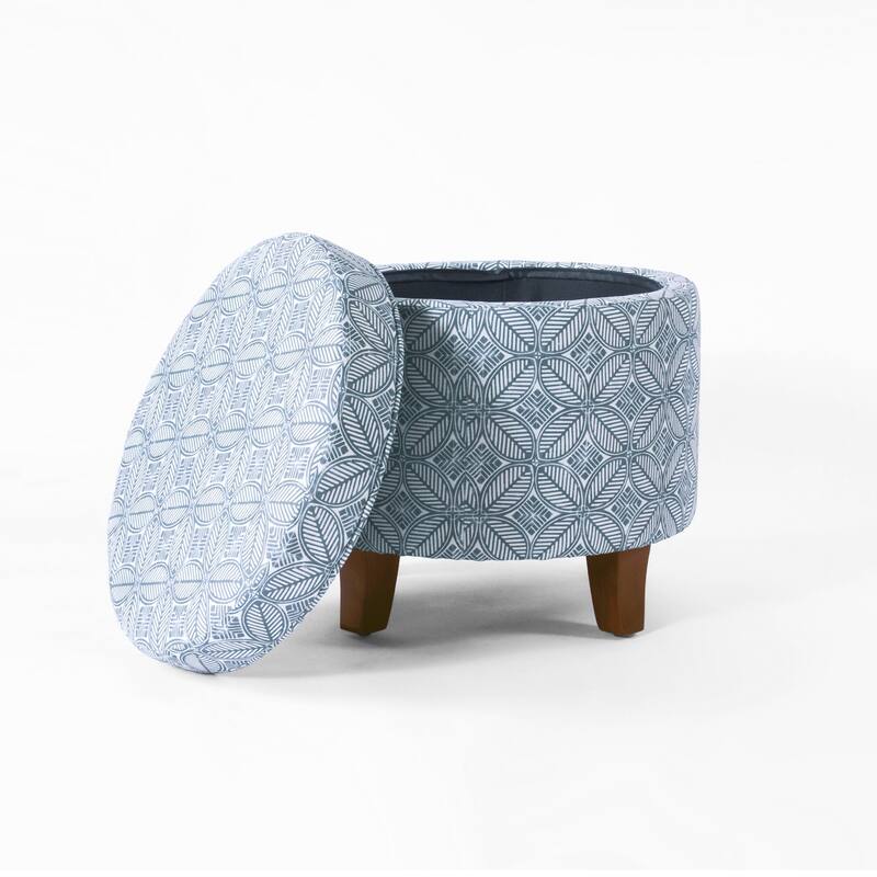 Loni 19 Inch Round Storage Ottoman in Indigo Blue Pattern & Walnut Brown