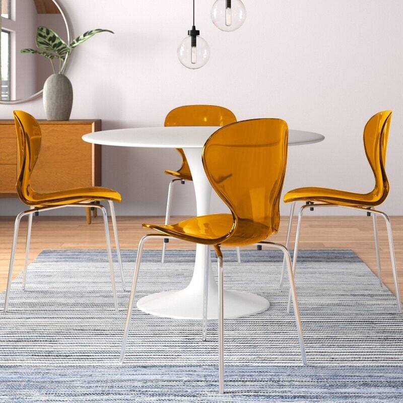 5-Piece Dining Set with 35-Inch Round Dining Table in White and 4 Side Chairs with Chrome Legs