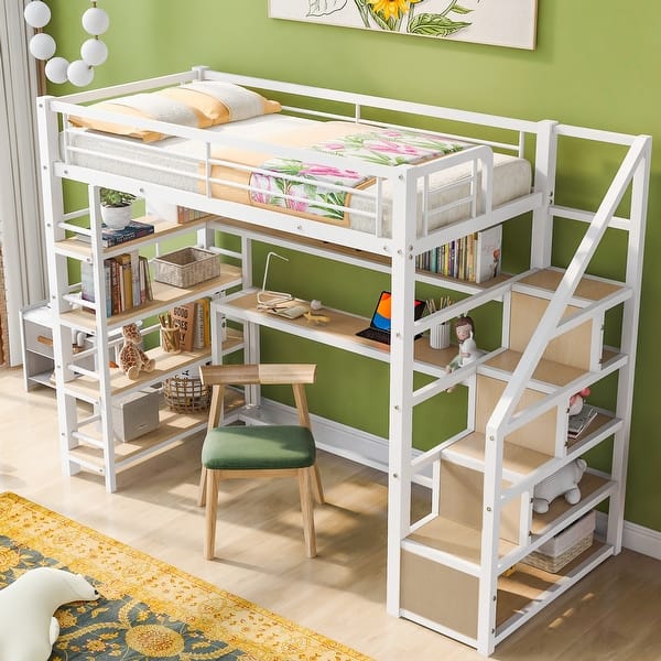 slide 2 of 12, Twin Size Metal Loft Bed with Desk and Shelves, Space-Saving Design, White White