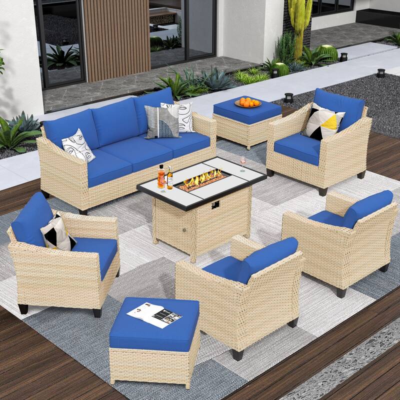 HOOOWOOO 8-piece Wicker Patio Furniture Conversation Set with Fire Pit Table - Navy Blue