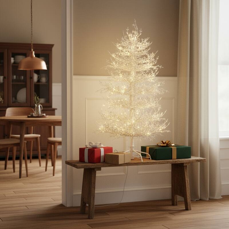 HomeRoots 4' White Pre Lit Sparse Artificial Christmas Tree - 33.50 in. x 48.00 in. x 33.50 in. - White - 4 Foot