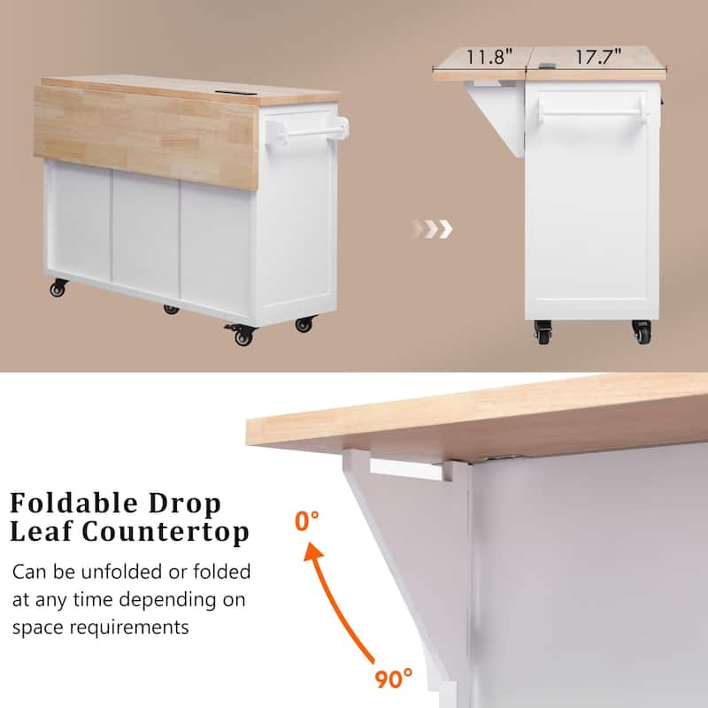 56.5"Kitchen Island with Drop Leaf, Rolling Kitchen Cart on Wheels with 4 Doors, 5 Deep Drawers and Adjustable Shelves